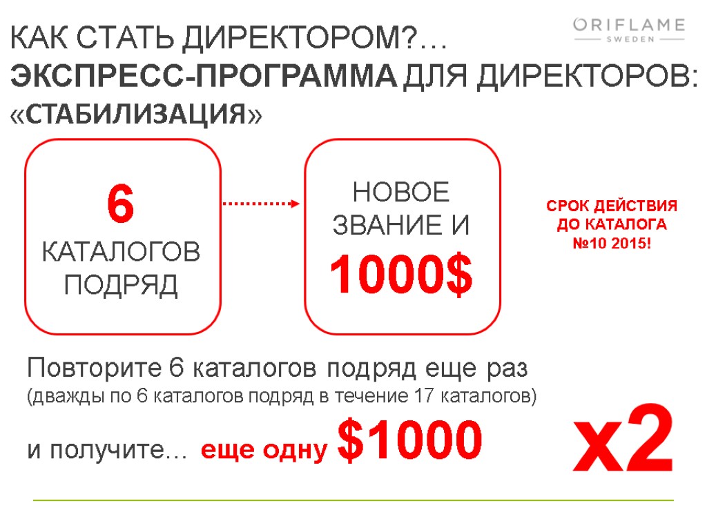 КАК СТАТЬ ДИРЕКТОРОМ?… ЭКСПРЕСС-ПРОГРАММА ДЛЯ ДИРЕКТОРОВ: «СТАБИЛИЗАЦИЯ» Повторите 6 каталогов подряд еще раз (дважды